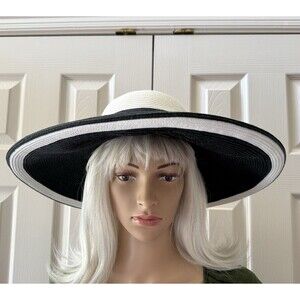 KOKIN New York Two Tone Lacquered Straw Structured Wide Brim Hat In Black White